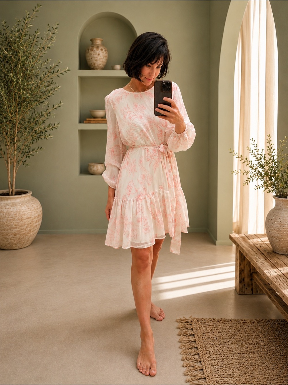 BCBGeneration Pink Floral Tie-Waist Long Sleeve Mini Dress